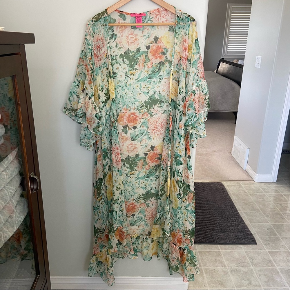 Betsey Johnson Sheer Chiffon Floral Robe Duster Kimono Ruffle Sleeve OSFM